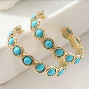 New Gold Tone and Turquoise Hoop Earrings